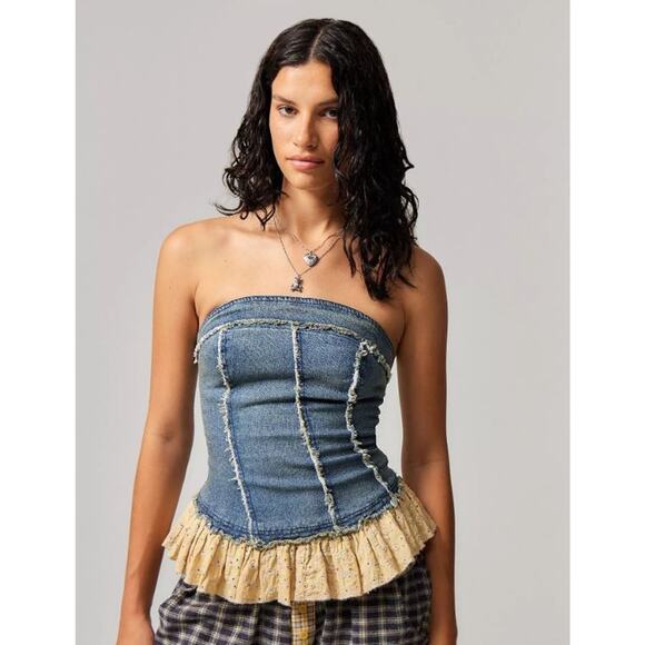 VTG Denim Corset Strapless Y2K Blue XL Baddie Strapless Peplum Frill Tube Top - Picture 2 of 10